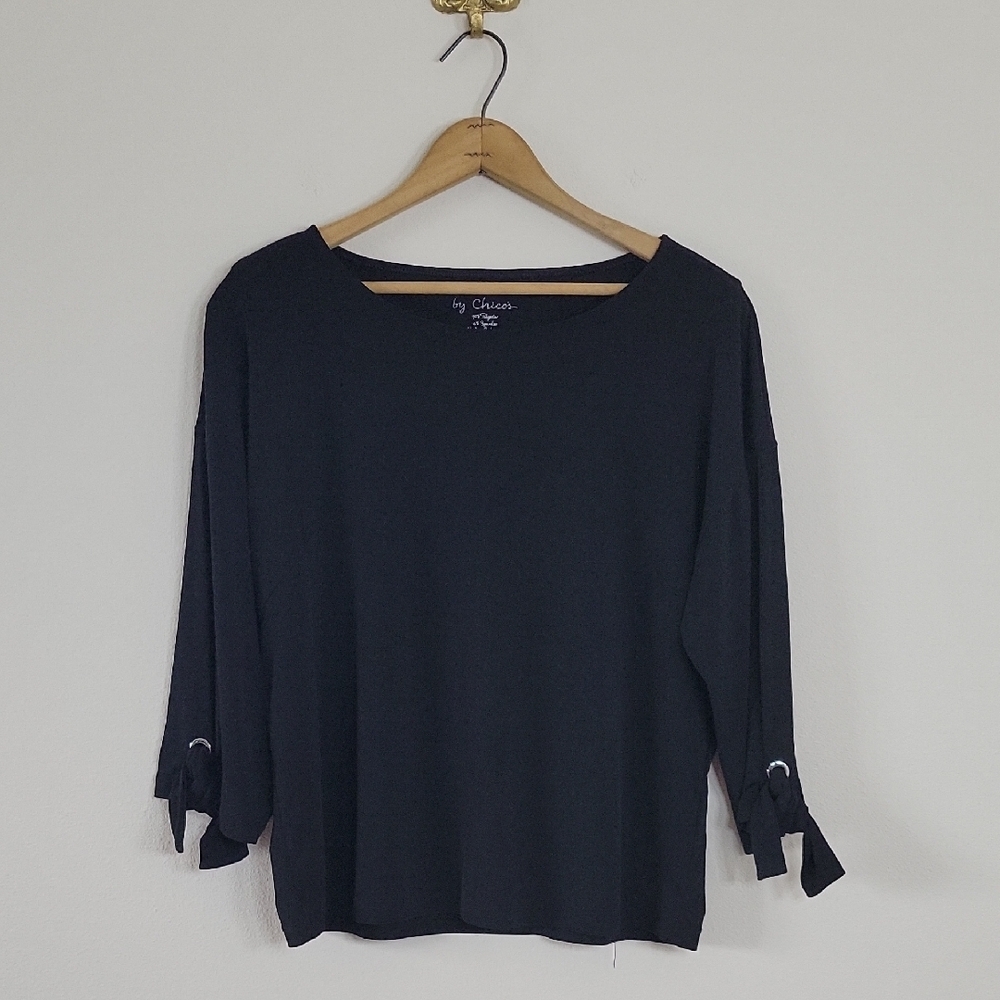Chico's Black "Liquid Knit" 3/4 Sleeve Grommet Tee Size Large